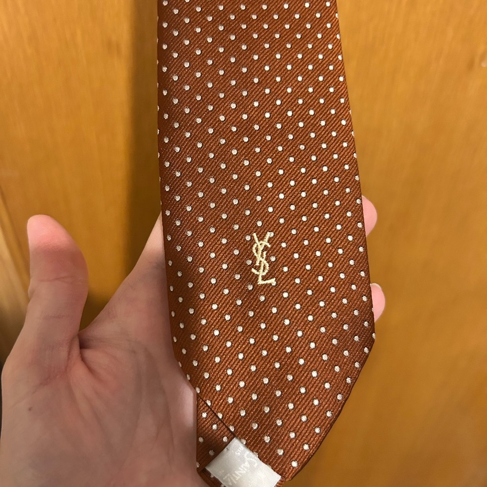 Vintage Yves Saint Laurent Brown Polka Dot Silk Tie with Cream Logo